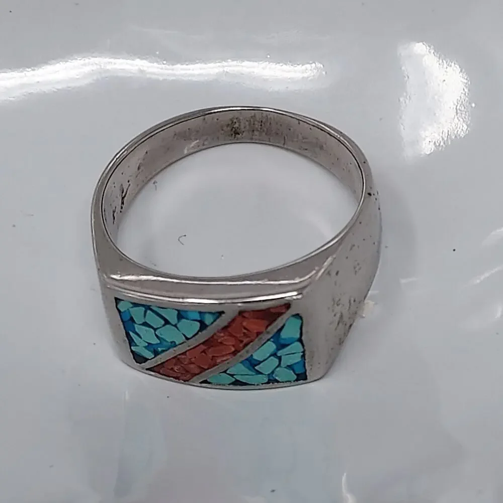 Men's Ring Sz 10.5 Silver Tone Faux Colorful Southwestern Style Inlay